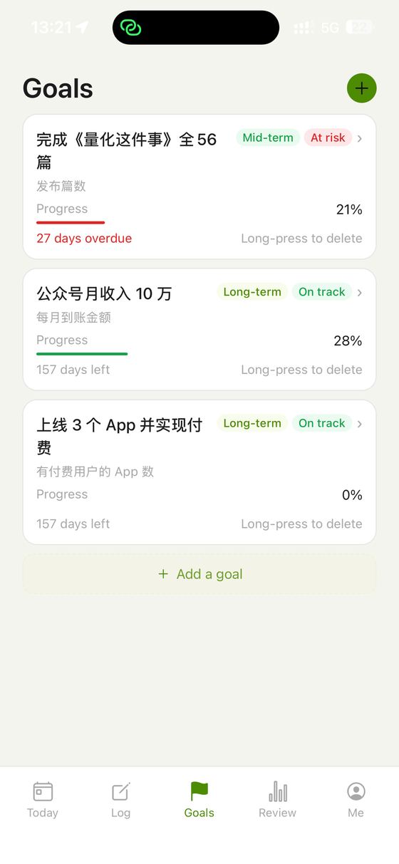 The Goals screen, with each goal showing its progress, its horizon and a health reading.
